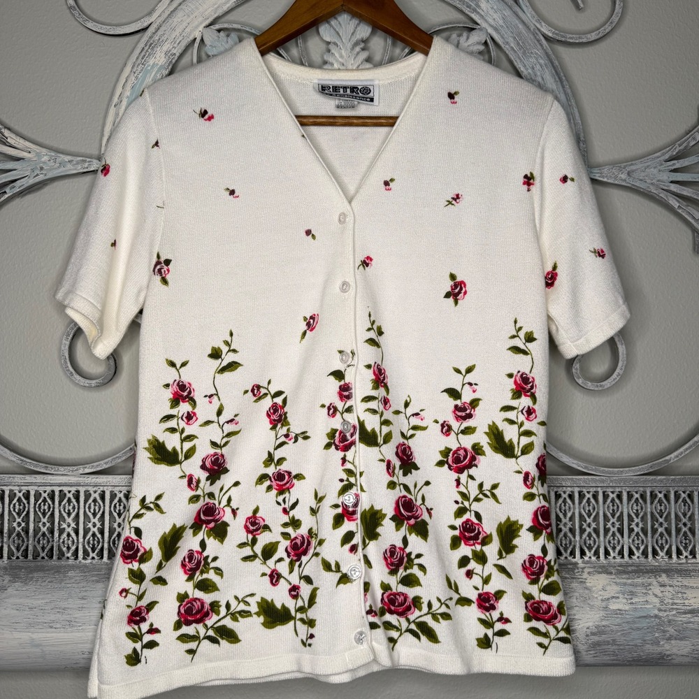 Retro by Renaissance Womens‎ White Cotton Floral Rose Short Sleeve Cardigan Sz M